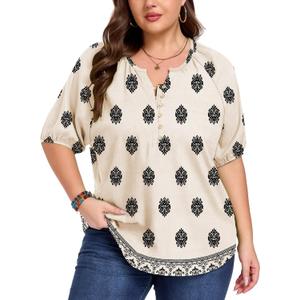 ForHailey Women's Plus Size Short Sleeve Summer Tops Casual Button Down V Neck Blouses Floral Clothing Trendy