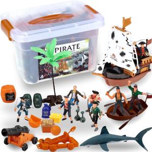 Liberty Imports Bucket of Pirate Action Figures Toys Playset with Pirate Ship, Boat, Treasure Chest, Cannons, Shark for Kids Imaginary Pretend Play