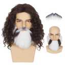 Yan Dream Mens Brown Curly Cosutme Wig with Fake Beard Set for Halloween Cosplay Wizard Look