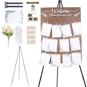 Wooden Wedding Seating Chart Board, Two Connectable Panels (23.7"17"), 0.32" Thick, Foldable Design with Metal Stand, White Lace Ribbon, Floral Dcor, and 20 Cards for Ceremony & Reception