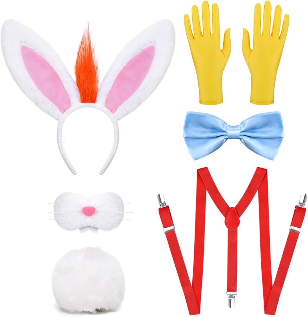 6Pcs Halloween Bunny Costume Set Include Rabbit Headband Nose Tail Bow Tie Suspender and Gloves for Men Party Dress Up