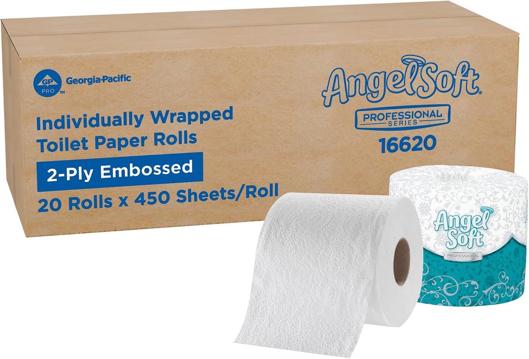Angel Soft Professional Series by Georgia-Pacific PRO 2-Ply Embossed Toilet Paper, White, Individually Wrapped, 450 Sheets Per Roll, 20 Toilet Tissue Rolls Per Case, 16620