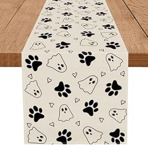 QIONG MENG Halloween Table Runner Ghost Dog Paw Burlap Table Decoration Holiday Home Party Kitchen Dining Table Supplies 13x48 Inch