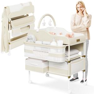Portable Baby Changing Table with Wheels - Modern Dresser Changing Tables w/Hanging Toys, Laundry Bag, Changing Table Organizer Boxes - Folding Waterproof Baby Diaper Changing Station for Nursery (Cream and gold)