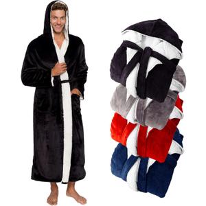 Ross Michaels Mens Robe Big & Tall Sherpa Lined Hooded Robe - Long Plush Fleece Bathrobe (Black Sherpa, Large) 