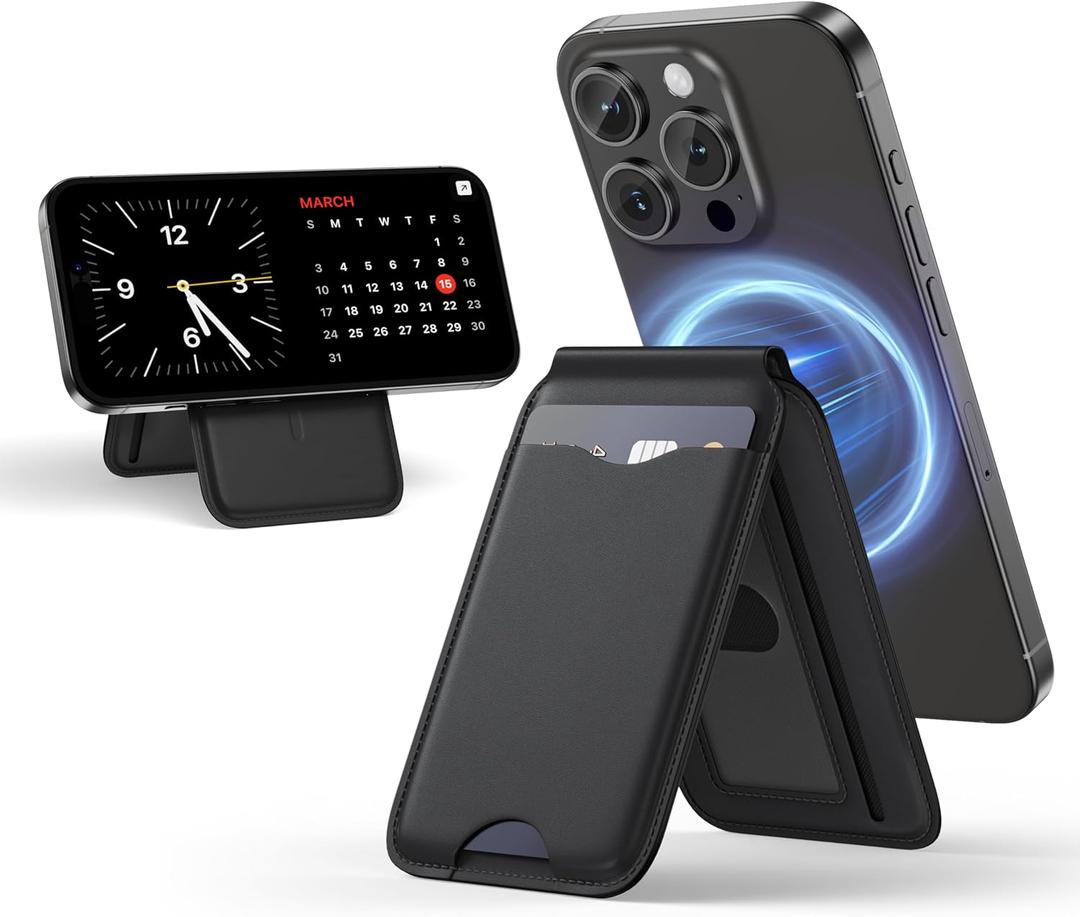 LULULOOK Magnetic Wallet Stand for Phone, 2-in-1 Full Grain Leather Mag-Safe Card Holder for iPhone 16/15/14/13/12 Plus Pro Max Series, Mobile Phone Wallet w/3 Card Slots, Not for iPhone Mini - Black