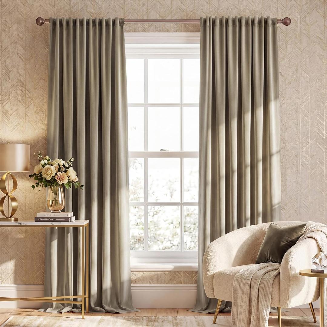 NICETOWN Taupe Velvet Curtains for Bedroom 84 inches Long, Rod Pocket & Back Tab Luxury Room Darkneing Window Treatments Vertical Heavyweight Winter Drapes for Living Room, W52 x L84, 2 Panels
