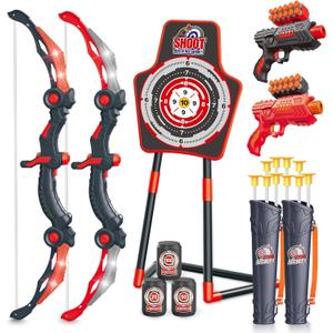 SpringFlower 2 Bow and Arrow Sets with LED Light-up,2 Foam Dart Guns for Kids 5 6 7 8 9 10+ Years Old, Archery Set with Standing Target for Boys & Girl, Ideal Gift (Red)