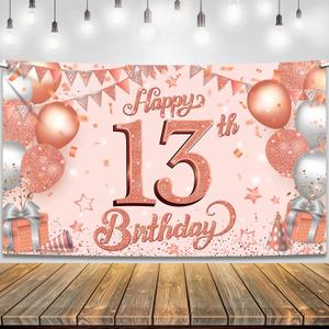KatchOn, Rose Gold Happy 13th Birthday Banner - Large, 72x44 Inch | 13th Birthday Backdrop for Birthday Decorations for Girls | Happy 13 Birthday Girl Decorations
