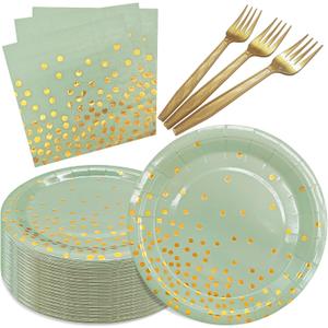 Serve 35 Guests Sage Green and Gold Party Supplies,7 Inch Disposable Sage Green Dessert Paper Plates and Napkins for Wedding Birthday Party