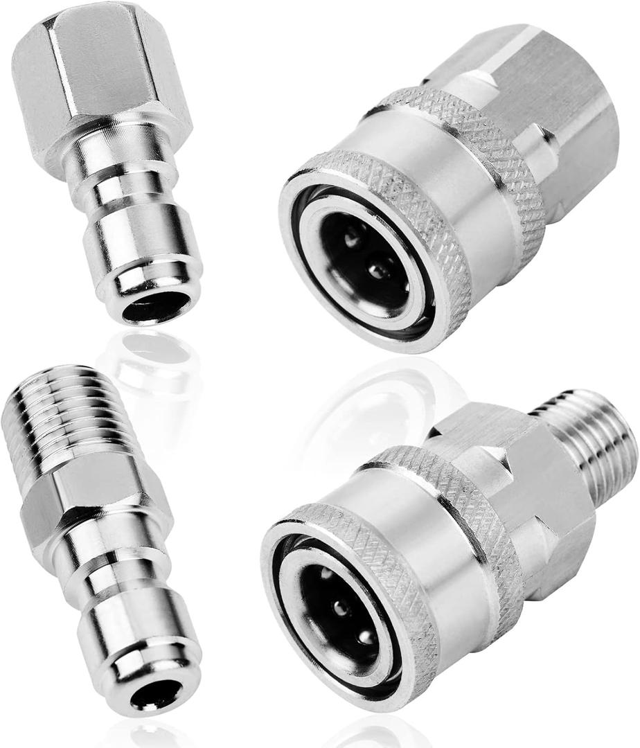 2 Sets NPT 1/4 Inch Pressure Washer Coupler Quick Connect Plug Stainless Steel Male and Female Quick Connect Fittings Pressure Washer Adapter Set (Internal Thread, External Thread)