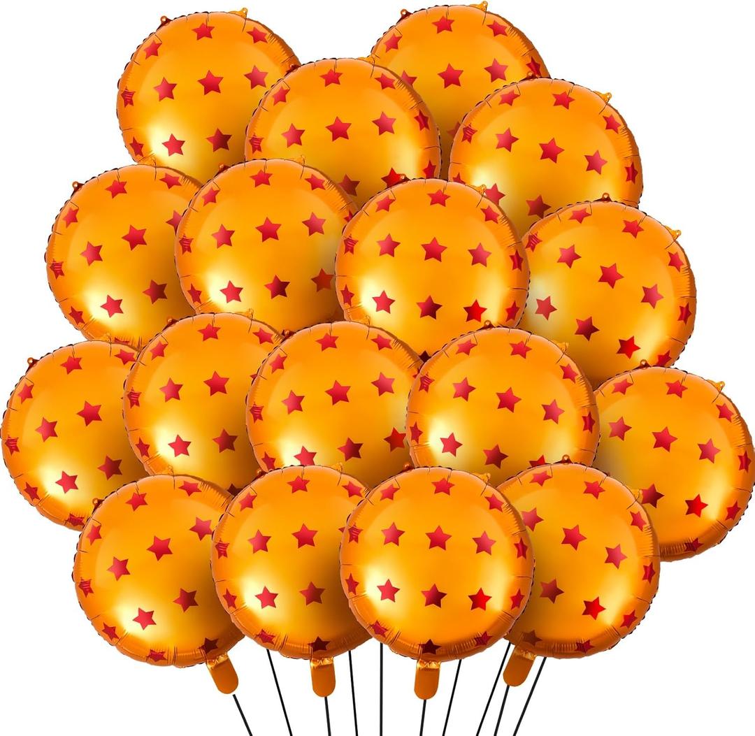 Soulchen 24 Pcs Anime Theme Foil Balloons Orange and Stars Print Aluminum Film Balloons for Anime Cartoon Themed Birthday Party Decorations Supplies