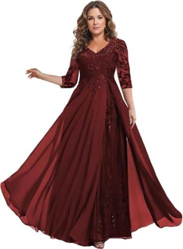 PUXIU 3/4 Sleeve Plus Size Mother of The Bride Dresses for Wedding Long Chiffon Lace V Neck Sequin Evening Formal Dress PUo176 10