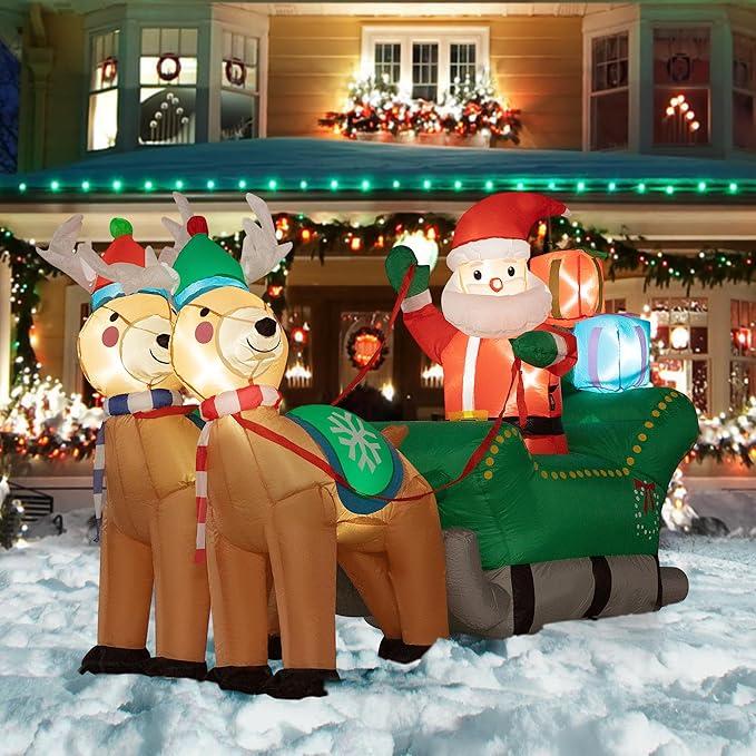 Christmas Inflatable Outdoor Decoration, Santa on Green Sleigh, Navidad Blow Up Yard Decor with Built-in LED Light for Lawn, Garden, Party