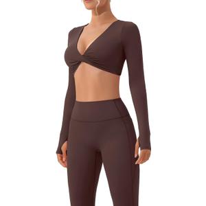 SUUKSESS Women 2 Piece Workout Sets Long Sleeve Twist Deep V Crop Padded Tops Yoga Leggings with Side Pockets (Medium, Dark Brown)