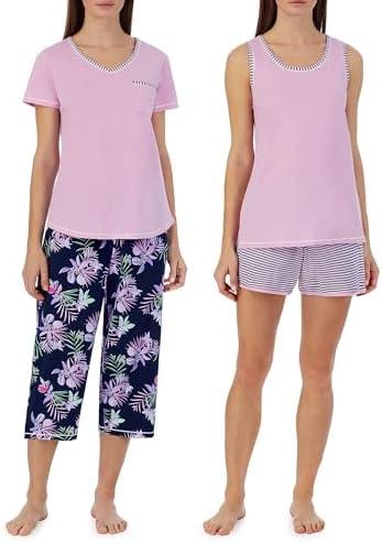 Carole Hochman Women's 4-Piece 100% Cotton Pajama Set – V-Neck T-Shirt, Tank, Capri Pants & Shorts with Drawstring & Pockets M