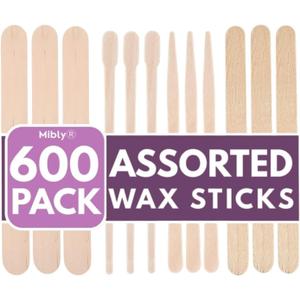 Mibly 4 Style 600 Pcs Assorted Wooden Wax Sticks for Body Legs Face Small Medium Large Sizes Eyebrow Waxing Applicator Spatulas for Hair Removal or Wood Popsicle Craft Sticks (Mix Sticks Pack of 600)