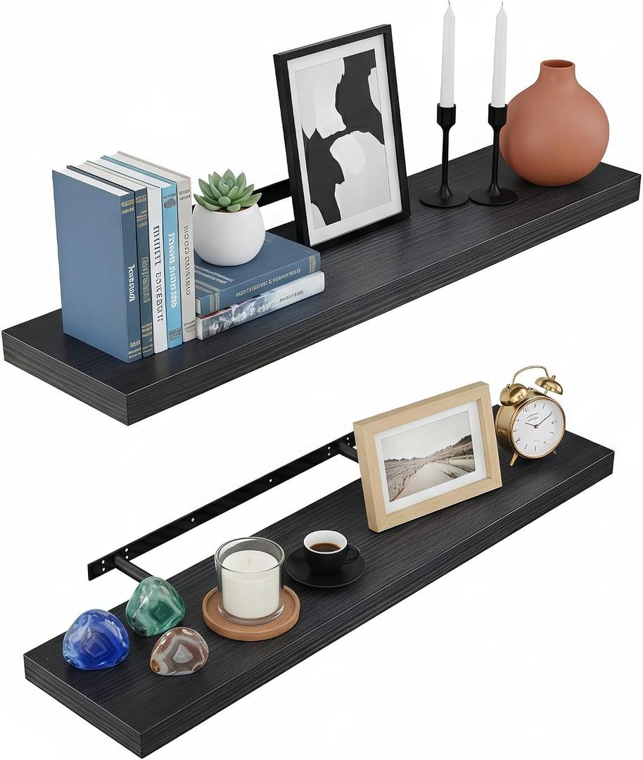 Lufia Floating Wall Shelves, Set of 2, MDF with Invisible Brackets, Modern Storage for Bedroom, Bathroom, Living Room, Kitchen (Black, 28" W x 7" D x 1.5" H​)