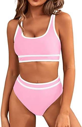 BMJL Women's High Waisted Bikini Sets Sporty Two Piece Swimsuits Color Block Cheeky High Cut Bathing Suits XL