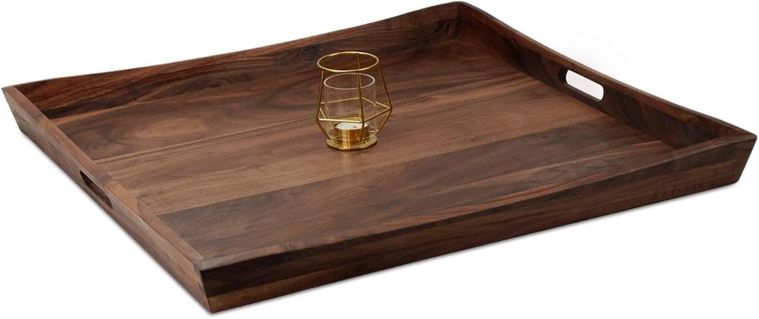 26 x 26 Inches Large Square Curved Black Walnut Wood Ottoman Tray with Handles, Serve Tea, Coffee Classic Wooden Decorative Serving Tray