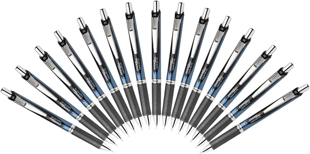 Pentel EnerGel Deluxe RTX Retractable Liquid Gel Pen - 0.5mm - Fine Line - Needle Tip - Black Ink/ Blue & Black Body/Total 15Pens Set