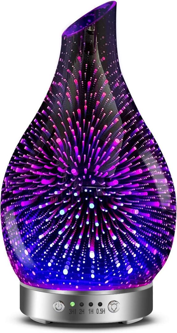 MAXWINER Essential Oil Diffusers Ultrasonic 3D Glass Aromatherapy Diffuser, Auto Shut-Off, Timer Setting, 7 Colors LED Lights Changing for Home, Office, Spa 120ml (3d Firework)