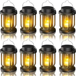 Solar Lantern Outdoor & Indoor Use  Hanging Solar Lights with Realistic Flickering Flameless Candle, Weatherproof for Gardens, Patios, Trees, and Lawns (Black, 8 Pack)