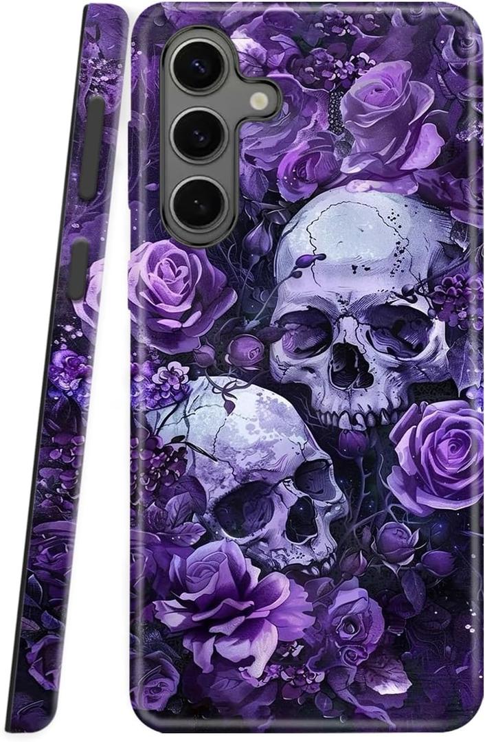 Dual Guard Case for Samsung Galaxy S25 5G, Heavy Duty Dual-Layer Shockproof Protective Phone Case,Purple Rose Skull