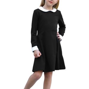 GORLYA Girl's Short Sleeve Casual Vintage Collar Fit and Flare Skater Party Dress with Pockets, Size 10 Years (Black)