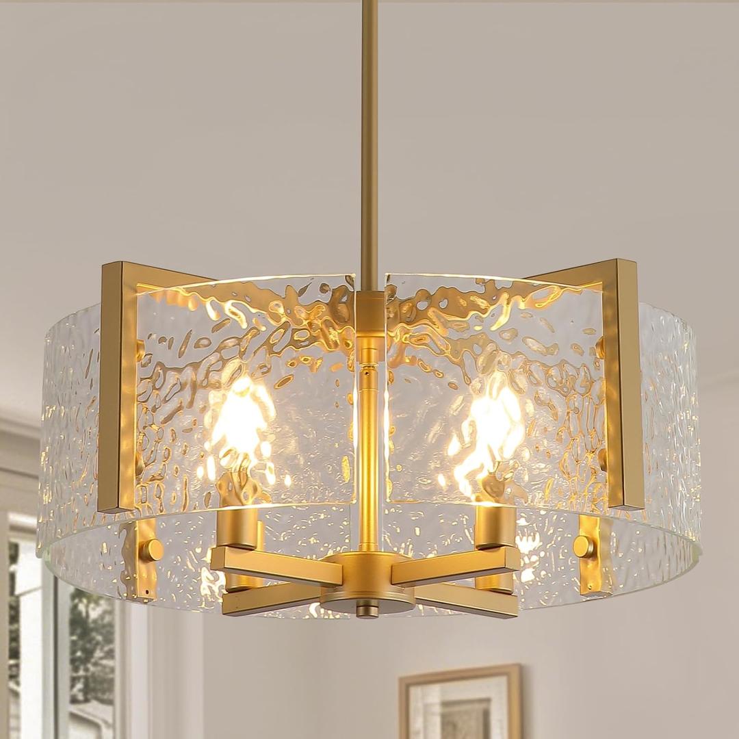 Modern Glass Chandeliers, 4 Light 18.1" Gold Chandelier for Dining Room Gold Pendant Light Fixture for Kitchen Island Bedroom, Living Room, Clear Ripple Glass Shade (E12 Bulbs Not Included)