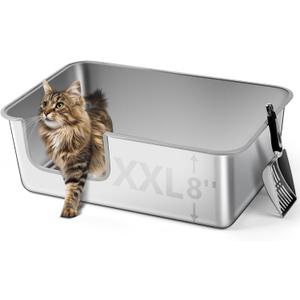 Stainless Steel Cat Litter Box, 23.6" L x 15.7" W x 8" H XXL Extra Large Semi Enclosed Removable Metal Litter Tray with High Sided Enclosure, Scoop, Anti-Leakage, Non-Sticky, Easy Cleaning