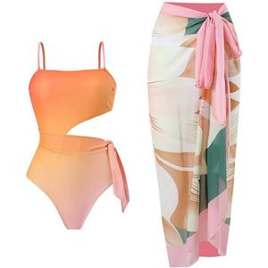 Women One Piece Swimsuit with Matching Cover Ups Floral Sexy Bikini Sets High Cut Push Up Two Pieces Bathing Suit (Small, Orange-pink)