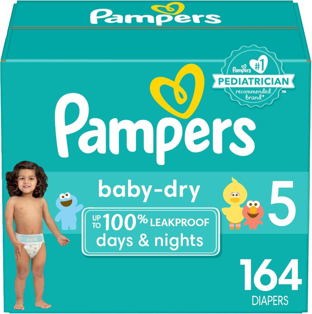 Pampers Diapers - Baby Dry - Size 5, 164 Count, Absorbent Disposable Infant Diaper (Packaging May Vary)