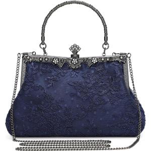 UBORSE 1920s Vintage Purse Embroidery Lace Floral Clutch Purse for Women Formal Evening Bag Handbag Wedding Bag (Blue)