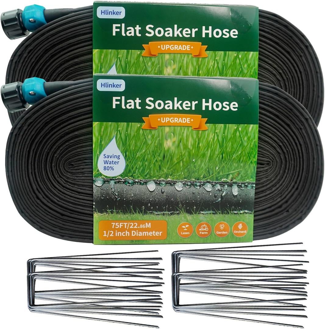 Hlinker 2026 Flat Soaker Hose 150 ft (75ft 2Packs) with Stake for Garden, Linkable Drip Hose Diy Automates Garden Irrigation System Saving 89% Water, Dual-layer Leak-free Design Water Hose with Holes