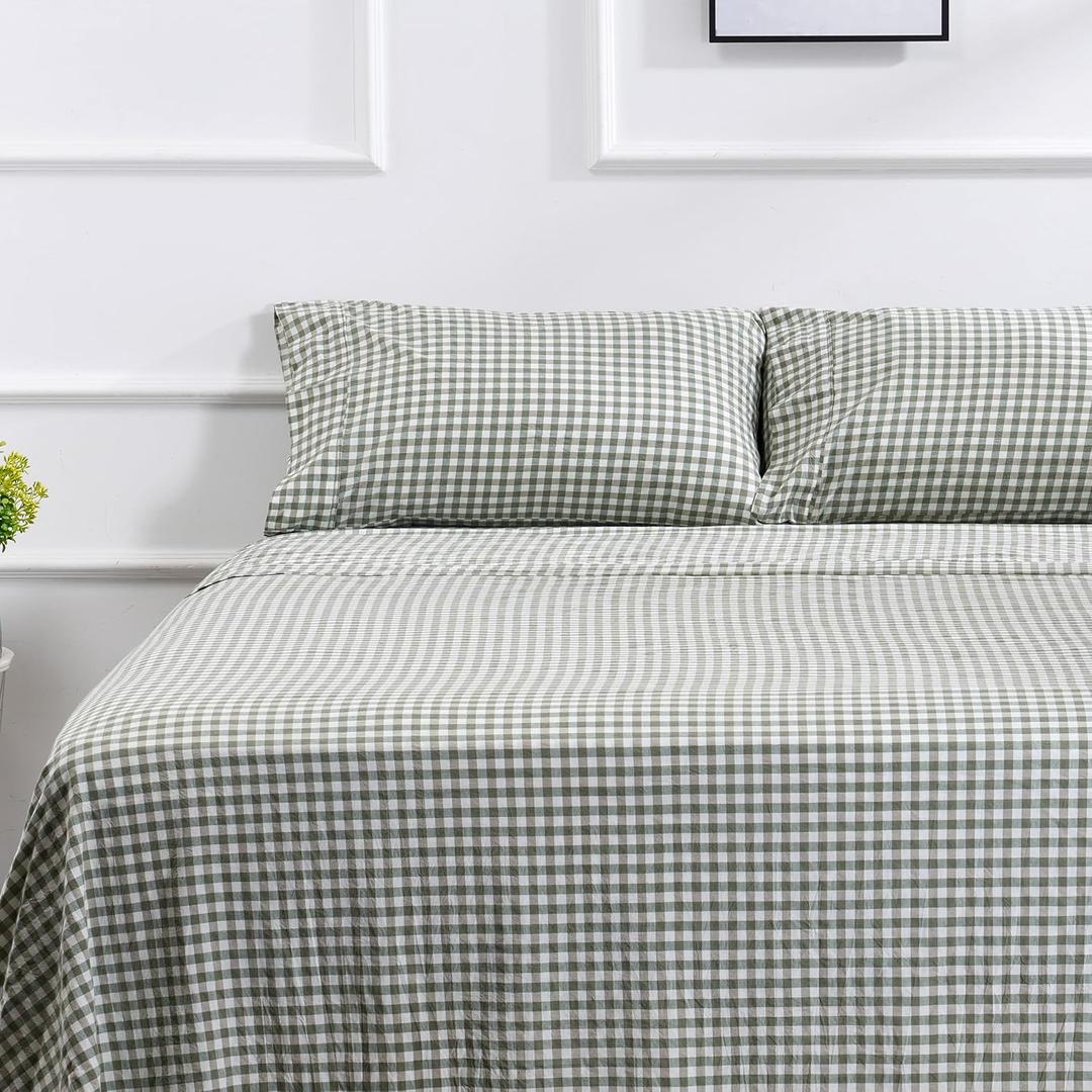 100% Cotton Queen Sheet Set - 4 Piece Cotton Sheets Queen Size Bed Set, Soft, Smooth, Durable, Easy Care, 16" Deep Pocket Checkered Green Sheets - 1 Flat, 1 Fitted, 2 Pillow cases
