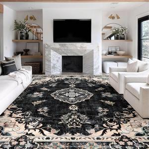 MUJOO 9x12 Area Rug Large Rugs for Living Room Bedroom Dining Room,Boho Washable Non Slip Bohemian Vintage Distressed Farmhouse Non Slip Big Carpet,Black Floral Flowers
