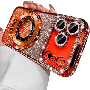 Changjia Magnetic Kickstand Glitter Case for iPhone 17 Pro, [Compatible with Magsafe] Cute Luxury Bling Sparkly Diamond Rhinestones with Camera Lens Protector Women Girls Case for iPhone 17 Pro,Orange (Oranage)