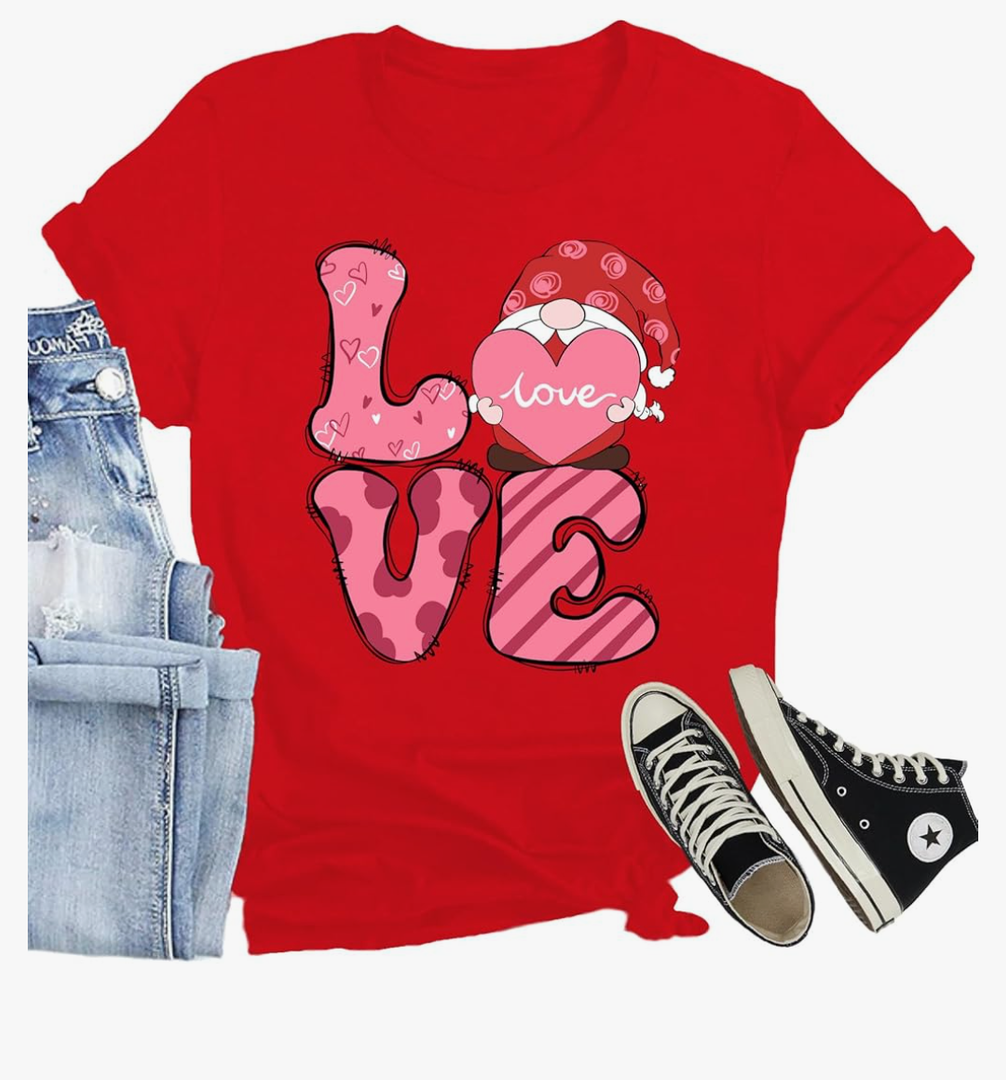 CQF Women Valentines Day Shirts Cute Gnome Love Heart T-Shirt Casual Lover Wife Day Tee Tops, Size L