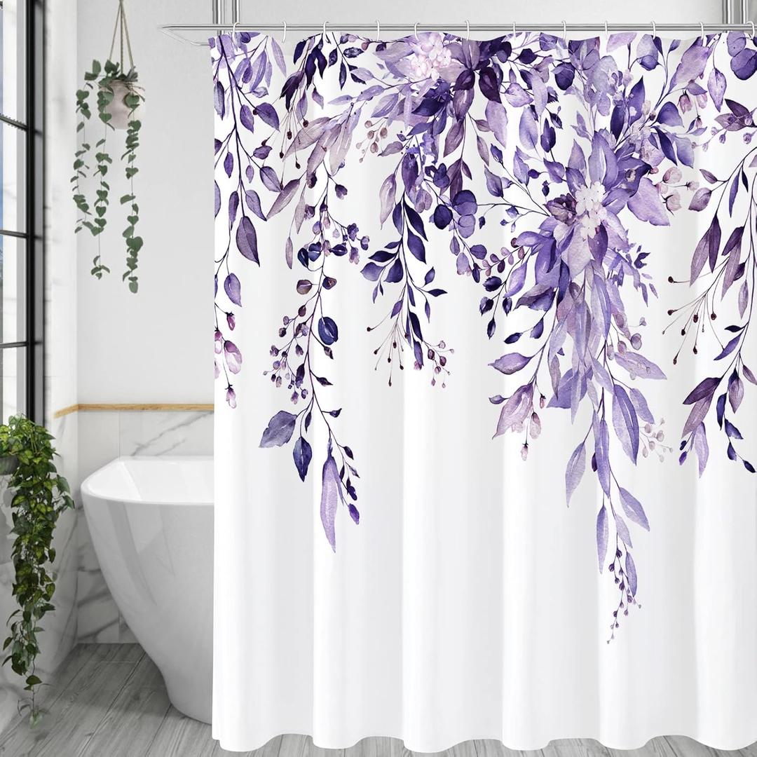 Gibelle Long Shower Curtain 72 x 78, Purple Floral Shower Curtain for Bathroom, Watercolor Plant Eucalyptus Leaves Fabric Shower Curtain Set