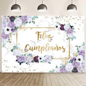 MEHOFOND 7x5ft Feliz cumpleaos Backdrop Purple and White Flower Birthday Photography Background Girls Geometric Gold Glitter Dots Birthday Floral Party Decorations Cake Smash Decor Studio Photo Props