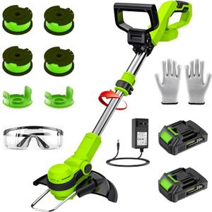 Weed Wacker Battery Powered20V Cordless Trimmer and Lawn Mower, 12-Inch Cordless Mower with 2  2.0Ah Batteries and Quick Charger with 4 Trimmer Spools and 2 Spool Covers, Green