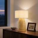 Boho Bamboo Table Lamp, Handwoven Bedside Lamp with Linen Shade, Small Natural Weave Nightstand Light for Living Room, Tea Room, Desk,Beige