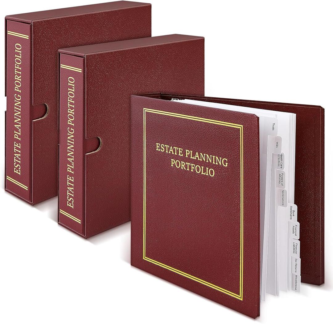 2 Pcs Red Estate Planning Portfolio Binders with Gold Title in Case I Die Organizer with Index Tabs and Cardboard Slipcase 3 Ring Binders 11.5 x 11 x 2.5 Inches