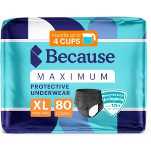 Because Premium Maximum Absorbency Adult Incontinence and Postpartum Bladder Leak Underwear for Women, Heavy Absorbency, Disposable, Black, XLarge, 80 Count (4 Packs of 20)