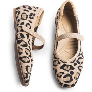 Mary Jane Flat Shoes for Women with Arch Support and Concealed Low Wedge Heel, Comfortable Women Square Toe Ballet Flats Knit Dress Shoes (11, Leopard)