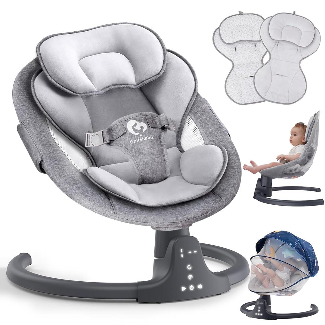 Bluetooth Baby Swing for Infants, Compact & Portable Baby Rocker, 3 Seat Positions, 5 Swing Speed, 10 Lullabies, Remote Control, USB Plug-in Power, Reversible Cushion for All Seasons (Dark grey)