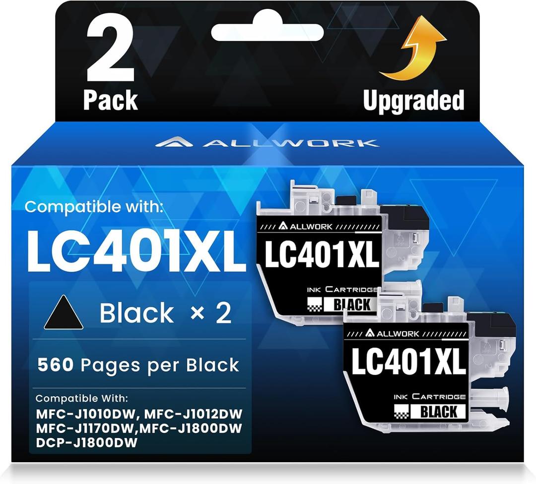 LC401XL Black LC401 Ink Cartridges for Brother LC401XLBK LC401BK LC 401XL 401 XL BK Ink Cartridge Compatible for MFC-J1010DW MFC-J1170DW MFC-J1800DW MFC-J1012DW Printer (2-Pack High Yield, Upgraded)