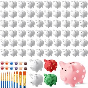 12 Pcs DIY Ceramic Piggy Banks Pig Coin Banks Xmas Gift Unglazed White for Boys Girls with 2 Paint Strips 10 Brushes Money Birthday Home Festival Fun Activities Gift
