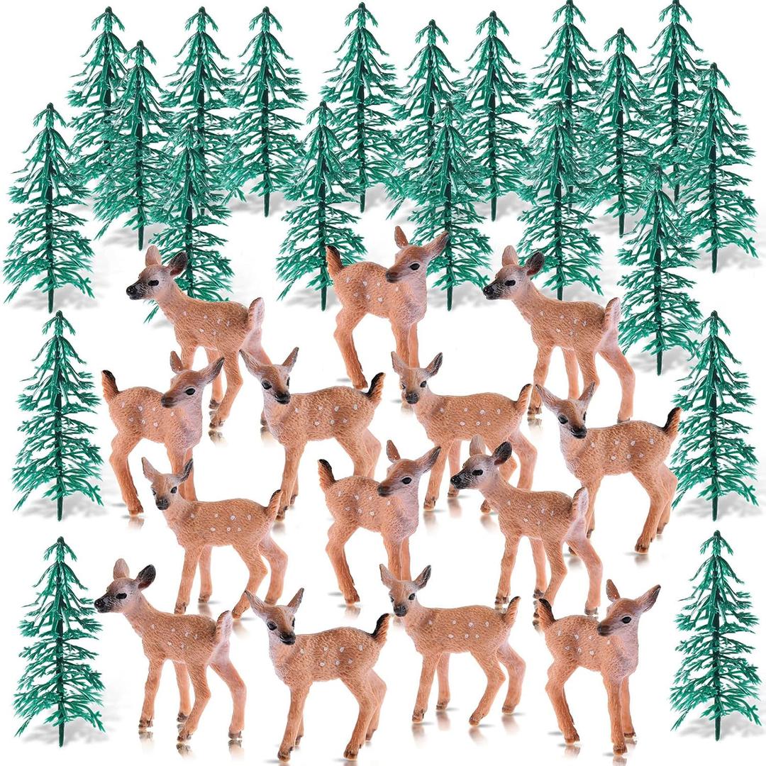 34 Pieces Deer Figures and Model Trees Miniature Deer Figurines for Crafts Woodland Animals Deer Toys Realistic Mini Deer Figurines Cake Toppers for Birthday Party Baby Shower Christmas Party Decor